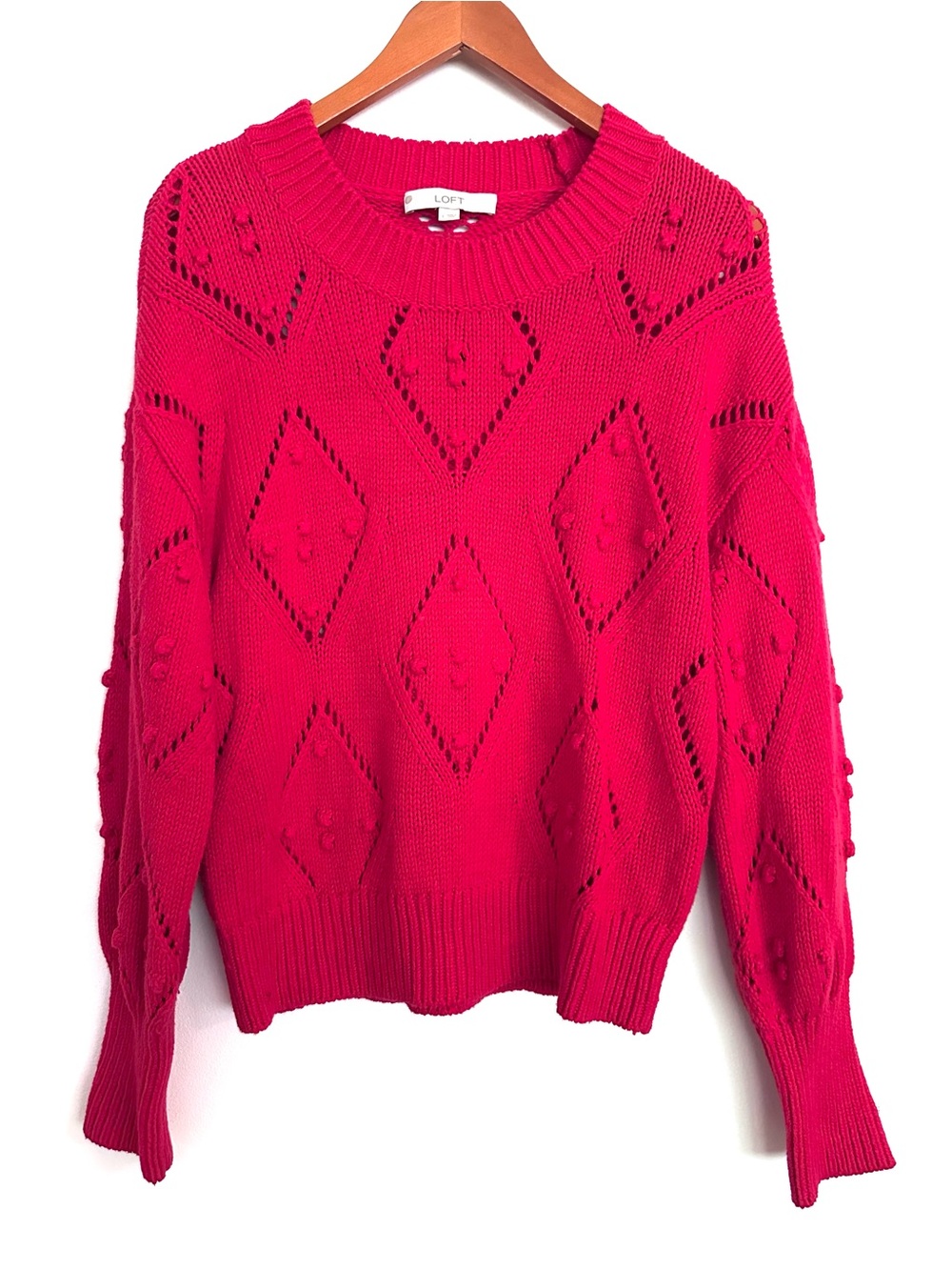 LOFT Red Women’s Diamond Knit Cozy Sweater Size Large - Picture 7 of 8